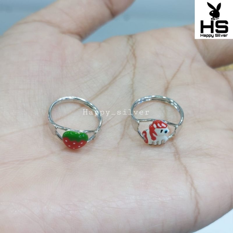 Cincin Anak Perak Asli Silver 925 Lapis Emas Putih Model Cincin Strawberry Kuda Poni Cat -  Perhiasa