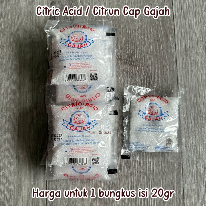 

POM Asam Sitrat Sitrun Cap Gajah Citrun Citric Acid 20gr Food Grade Pemutih Pembersih Serbaguna