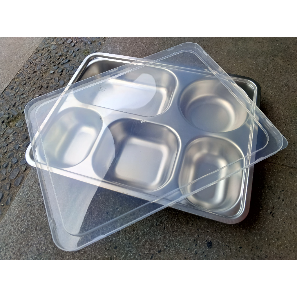 Tempat Makan Stainless Tutup Plastik / Wadah Makan / Ompreng