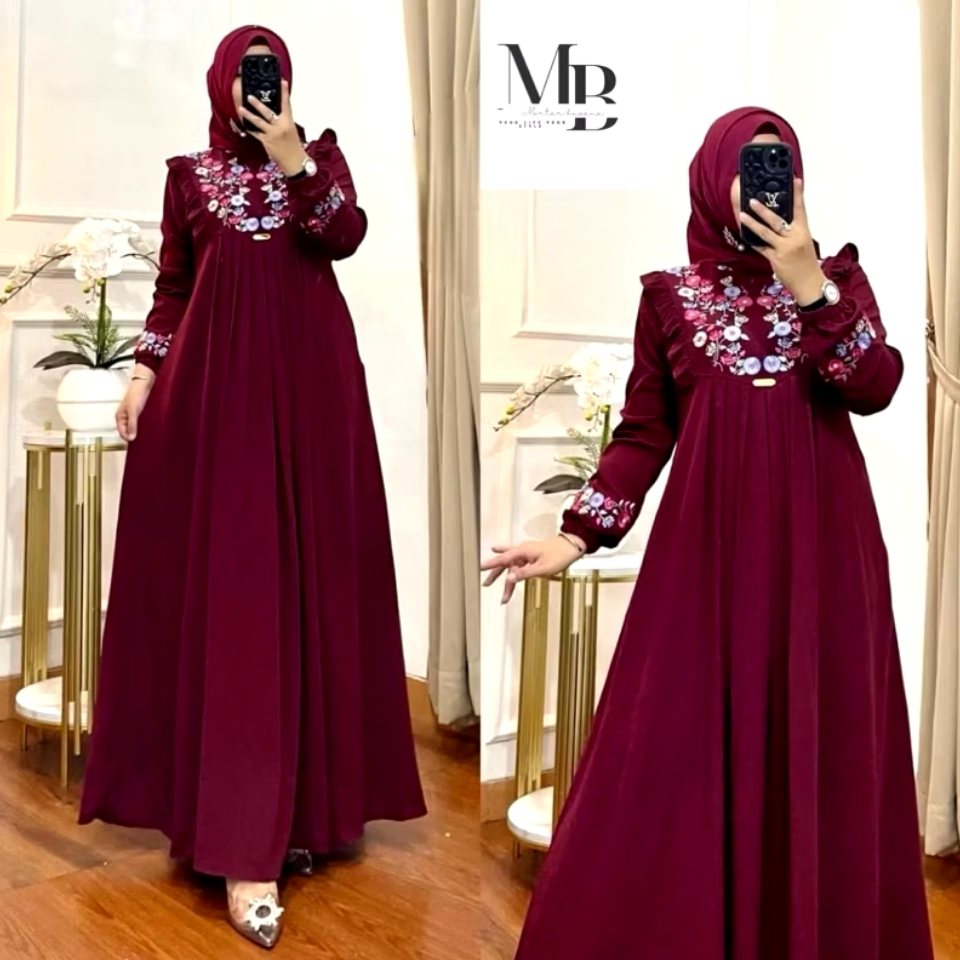 GAMIS AZIZAH BORDIR MOTIF BUNGA TIMBUL BAHAN CRINKLE AIRFLOW TERBARU