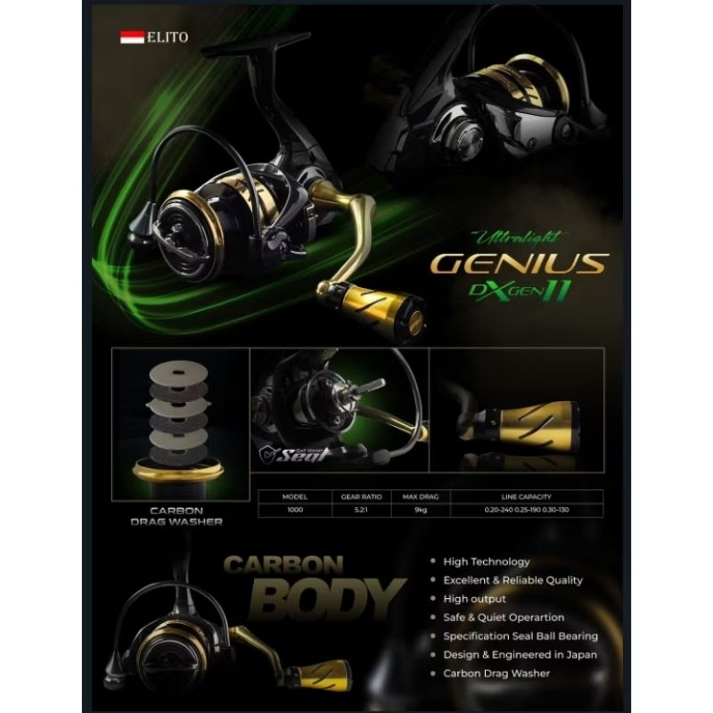 Reel / Katrol Pancing Elito Genius DX II 1000 SW Gold ( 8+1 Seal Bearing ) Carbon Power Handle
