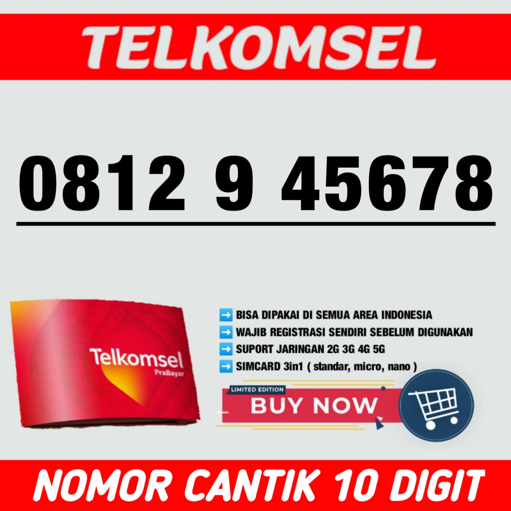 Telkomsel Simpati 10 Digit  Nomor Cantik - 0812 9 45678