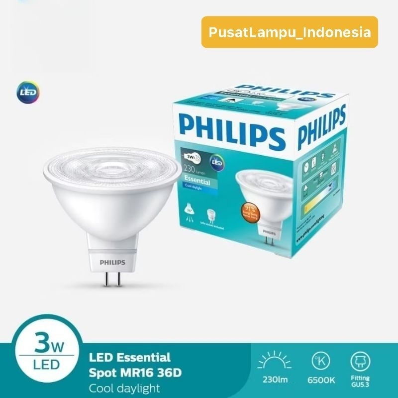 LAMPU PHILIPS ESSENTIAL MR16 LED 3W 3 WATT 220VAC 36D / MR16 PHILIPS 3W 3 WATT