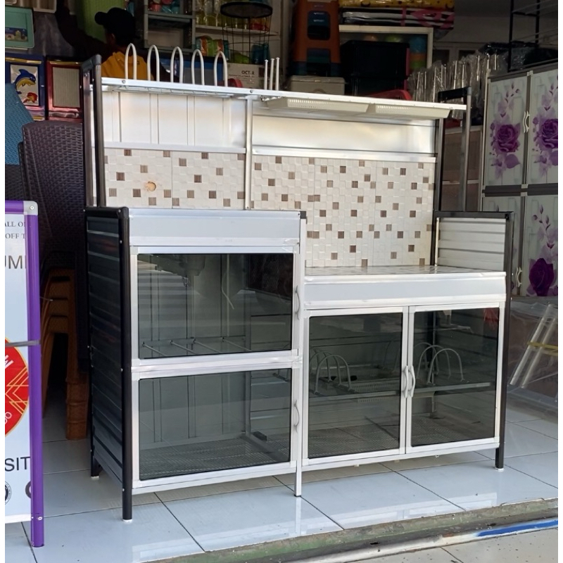 Meja Kompor Wastafel / Meja Kompor 3 Pintu Kaca Cahaya Timur Rak Serbaguna Rak Piring