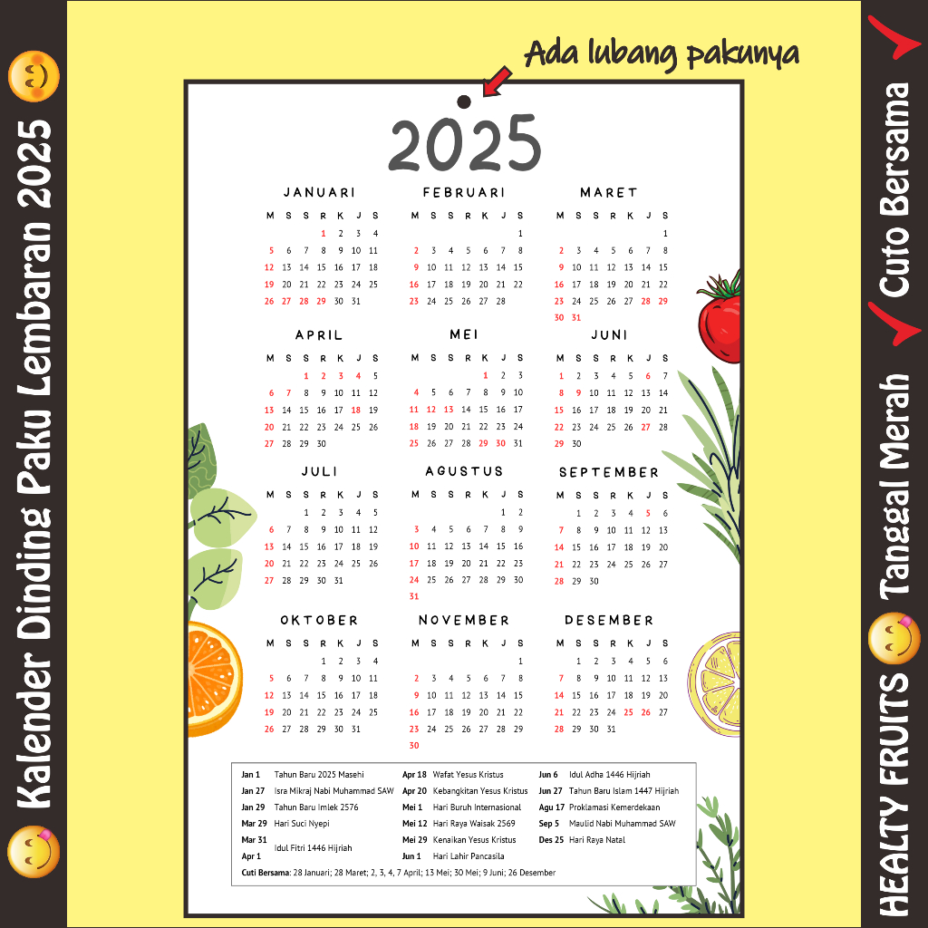 

[RUANG KREATIF] | HEALTY FRUITS | Kalender Dinding Paku - Kalender Dinding - Kalender Paku - Kalender Cantelan - Kalender Aesthetic - Kaleder Cute - Kalender Selembar | Tema Healty Fruits - Buah-buahan | Ukuran A4 (Besar) - A4 (Kecil)