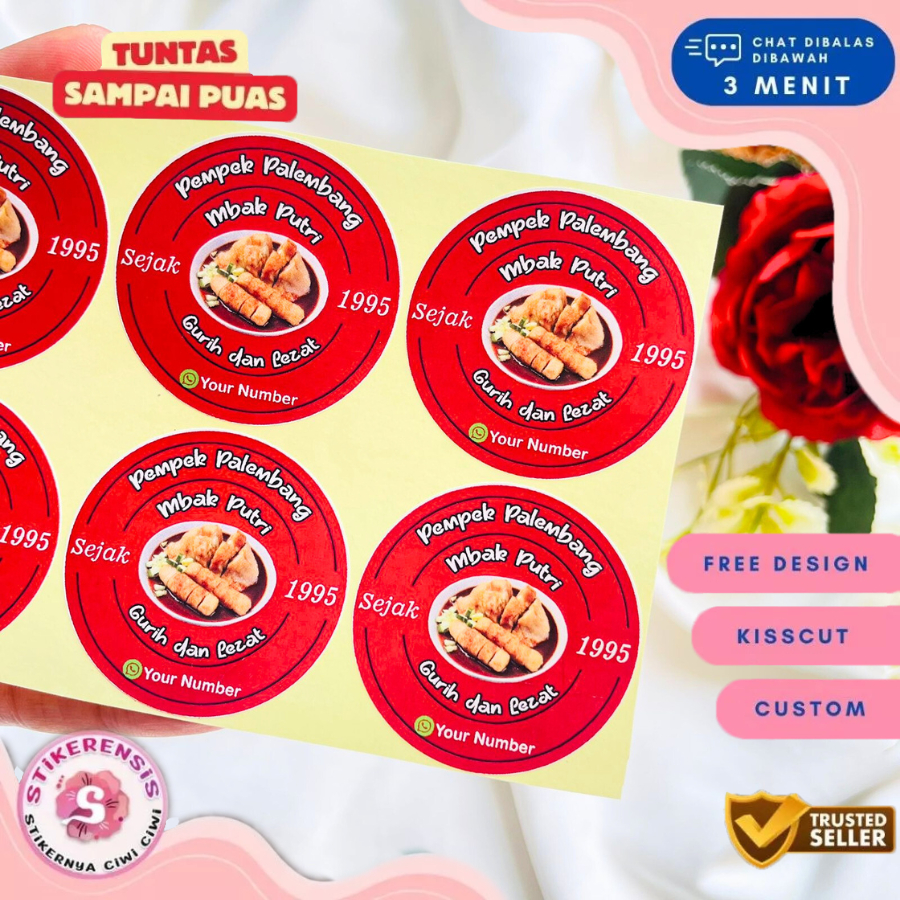 

9-15 Cetak Sticker Makanan Pempek Chromo Bulat Free Desain Stikerensis Cutting Kiss Cut Custom Nama
