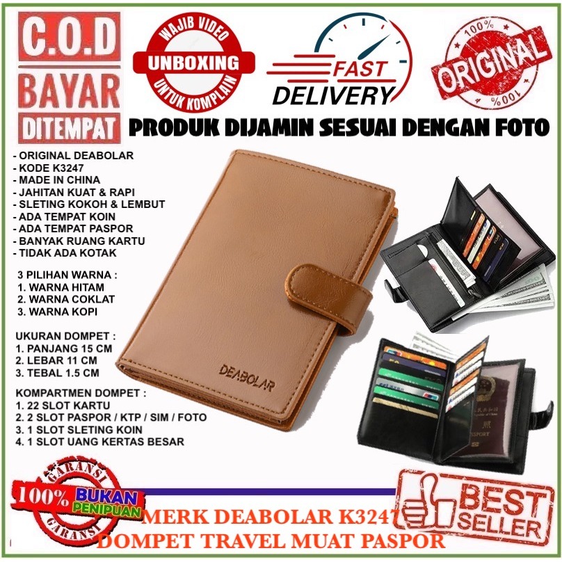 C.O.D Deabolar K3247 Dompet Travel Muat Paspor Banyak Kartu Dengan Kancing Bahan PU Kilat Lembut