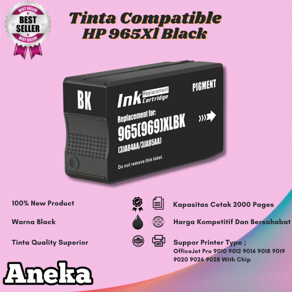 Cartridge Tinta Compatible HP 965XL 965 Black Printer OfficeJet Pro 9010 9018 Plus Chip