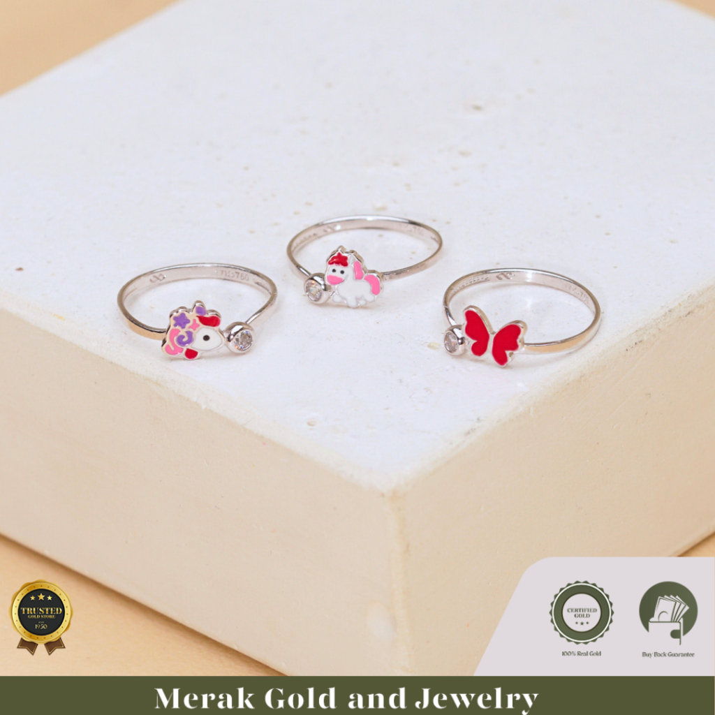 Merak Gold - Cincin Anak Model Karakter White Gold Enamel | Emas Tua Kadar 17K