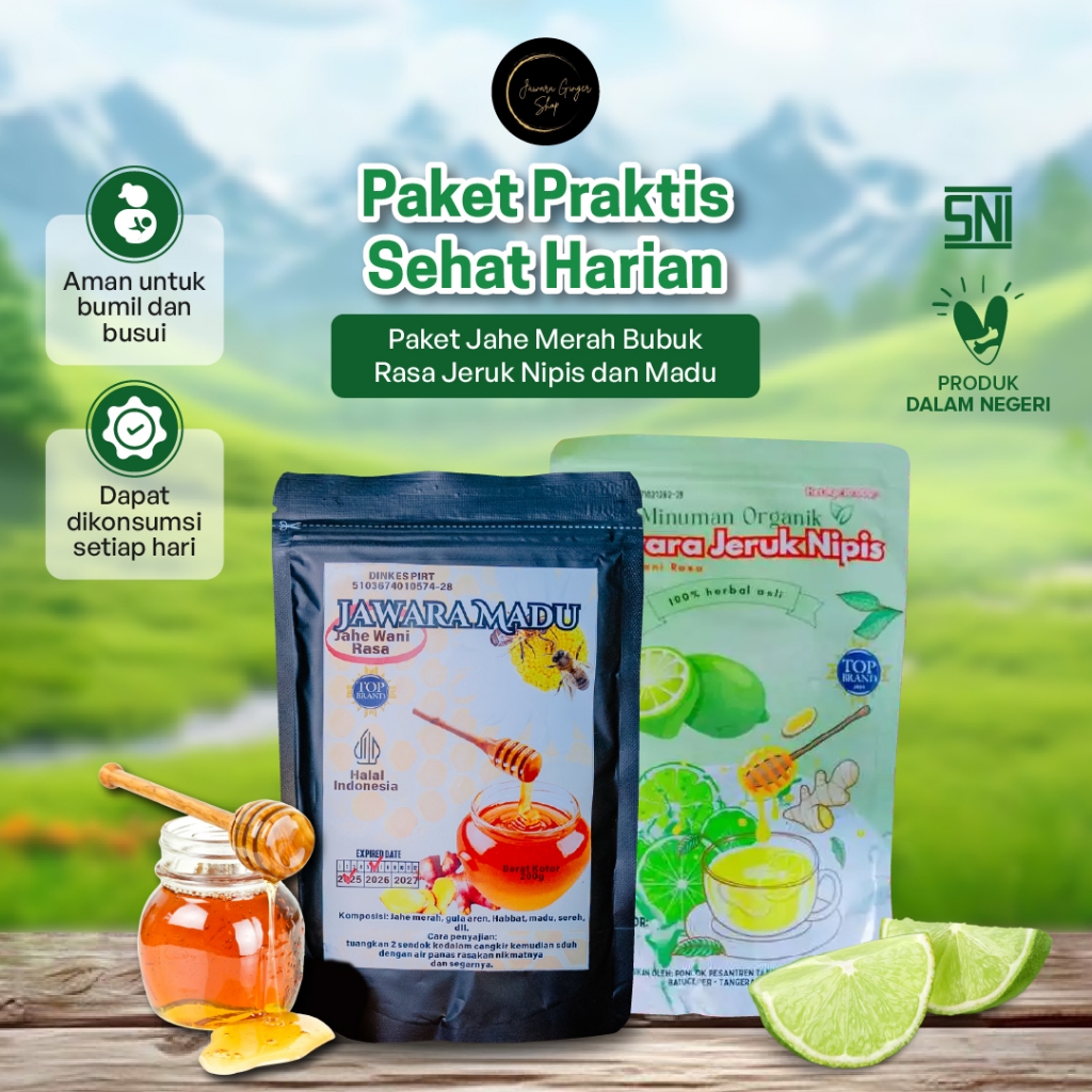 

Bundling 2pcs Jahe Merah Bubuk Rasa Jeruk Nipis & Rasa Madu 250gr Minuman Serbuk Ekstrak Jahe Merah by Jawara