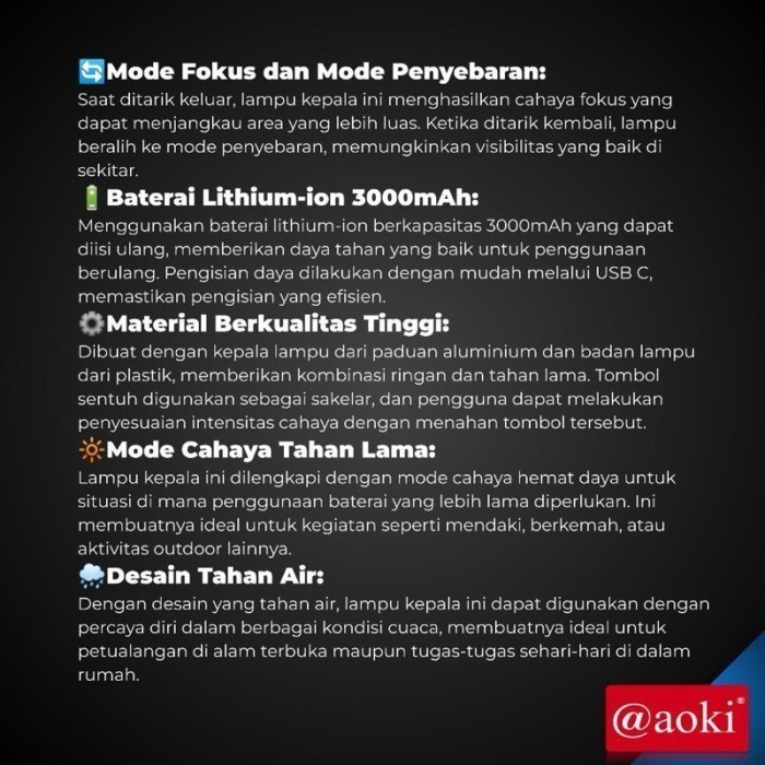 SENTER KEPALA AOKI LED ZOOM AK3671A ARMY PUTIH 3671K/1100 LUMEN ARMY