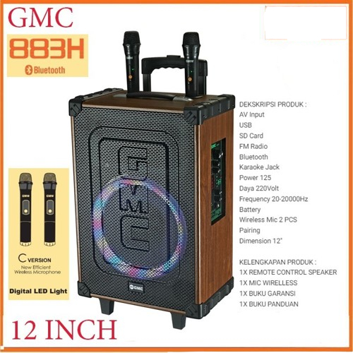 Gmc Speaker Portable 883H 12 Inch Speaker Karaoke Bluetooth mic 2 Wireless