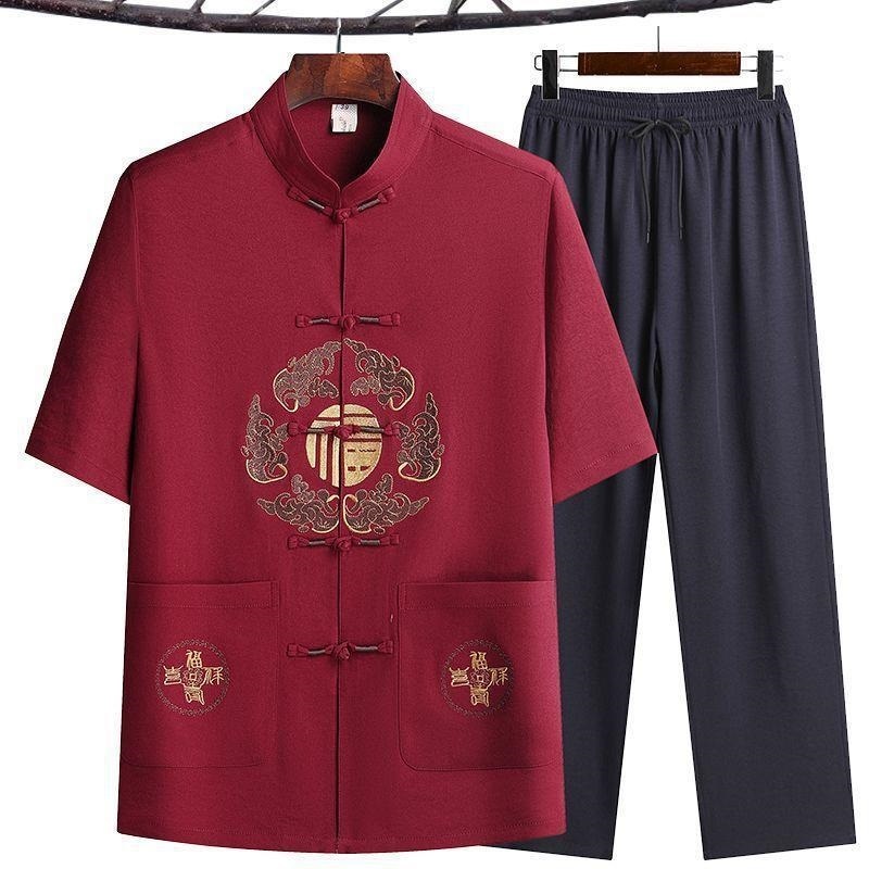 Cheongsam Merah Qipao Kemeja Cheongsam Merah untuk Pria dengan Celana Biru Dongker Setelan Imlek Baj