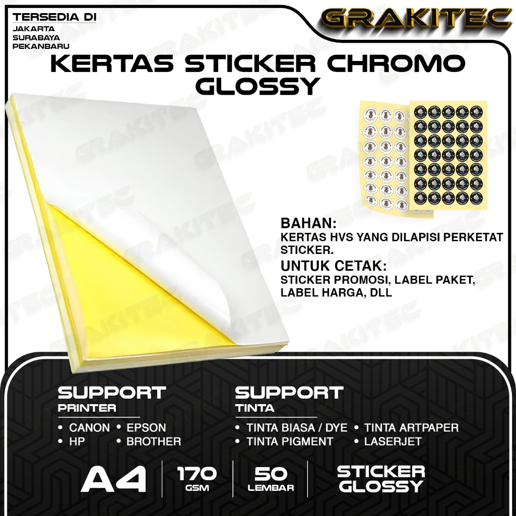 

Sticker Chromo HVS A4 isi 50 /100 Lembar / Kertas Stiker Inkjet Glossy / Doff Matte A4 Kromo Grakitec