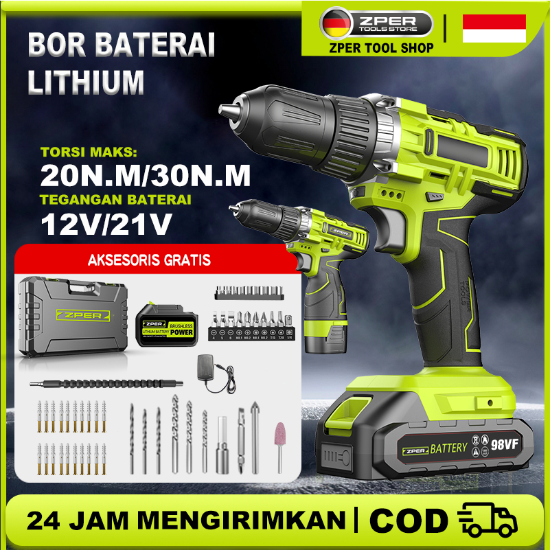 ZPER 12V/21V Bor Listrik Mesin Bor Baterai Tangan Cordless Drill Battery Bor Tanpa Kabel Bor Lithium