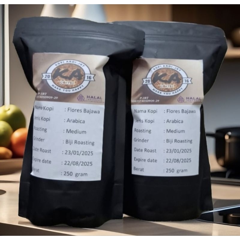 

Kopi Biji Roasting/Giling Bubuk Arabica Flores Bajawa Full washed 250 gram Halal dan berijin