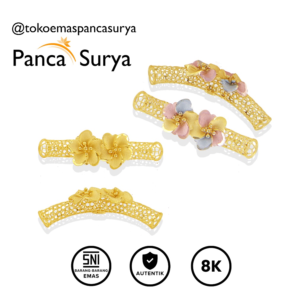 Liontin Charm Double Flower Bunga Kembar Pipa Bambu Krawang Kadar Emas 8K (tanpa gelang), MT0057.
