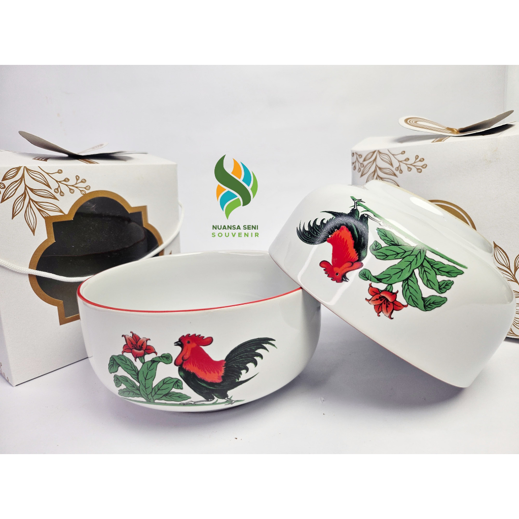 Souvenir Mangkok Jumbo Keramik Motif Ayam Jago Kukuruyuk Mangkuk Mie Ayam Bakso Bowl Kemas Box