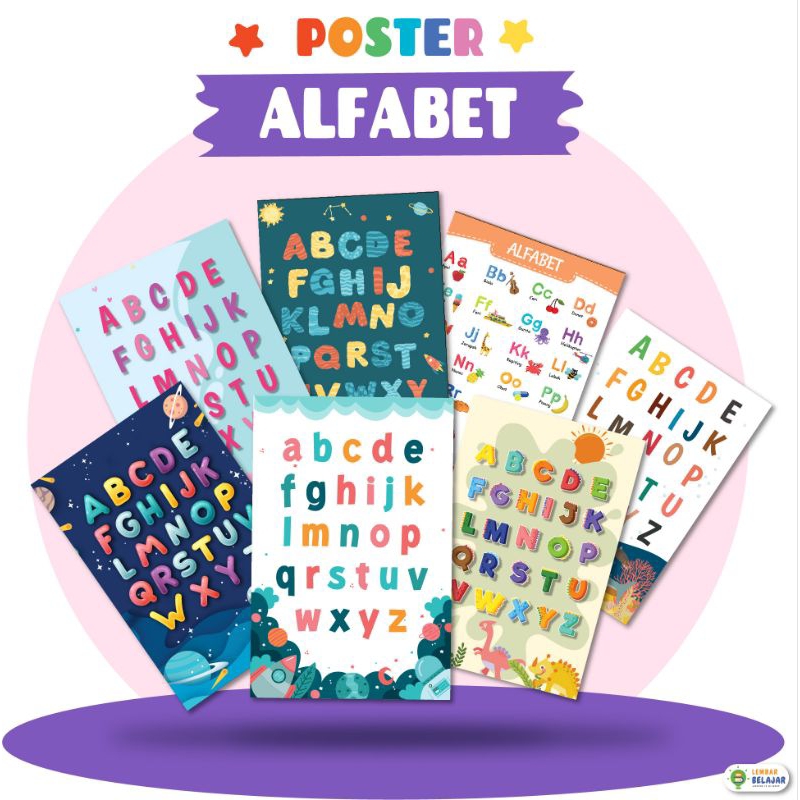 Lembar Belajar Poster Edukasi Alfabet - Poster Huruf Abjad dan Huruf Kecil - Poster Belajar Anak