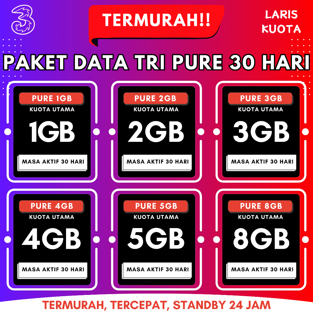Paket Data Kuota Tri 3 Pure Bulanan 30 Hari Termurah Kualitas Terbaik