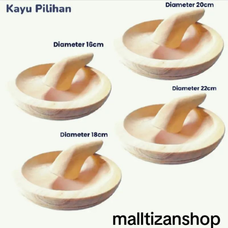 Cobek Kayu + Ulekan Kayu  satu set Bahan Kayu Mahoni Halus