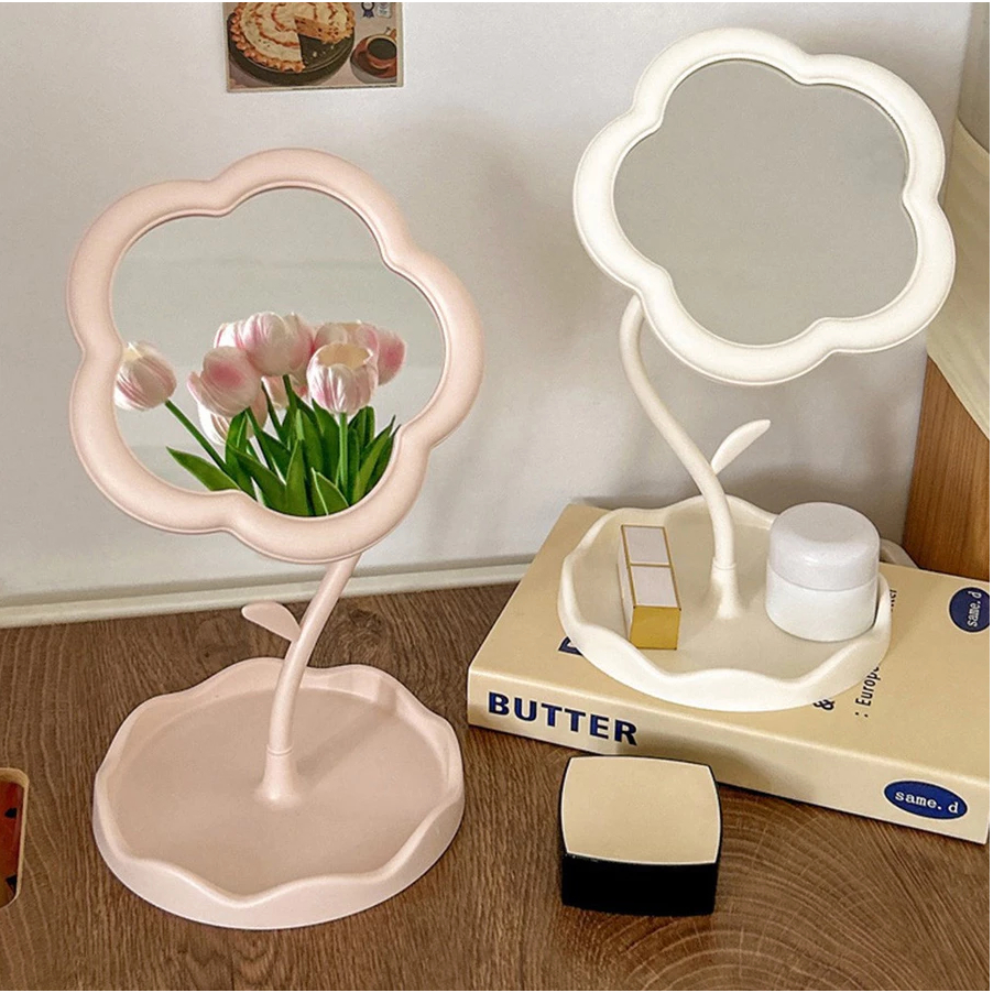 Cermin Bunga Standing Mirror Makeup Rotating Cermin Aesthetic | Stand Mirorr Flower Kaca Meja Rias Serbaguna