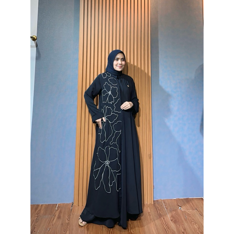 Nola-Abaya Bordir Abaya Simple Abaya Mewah Gamis Hitam Motif Bunga