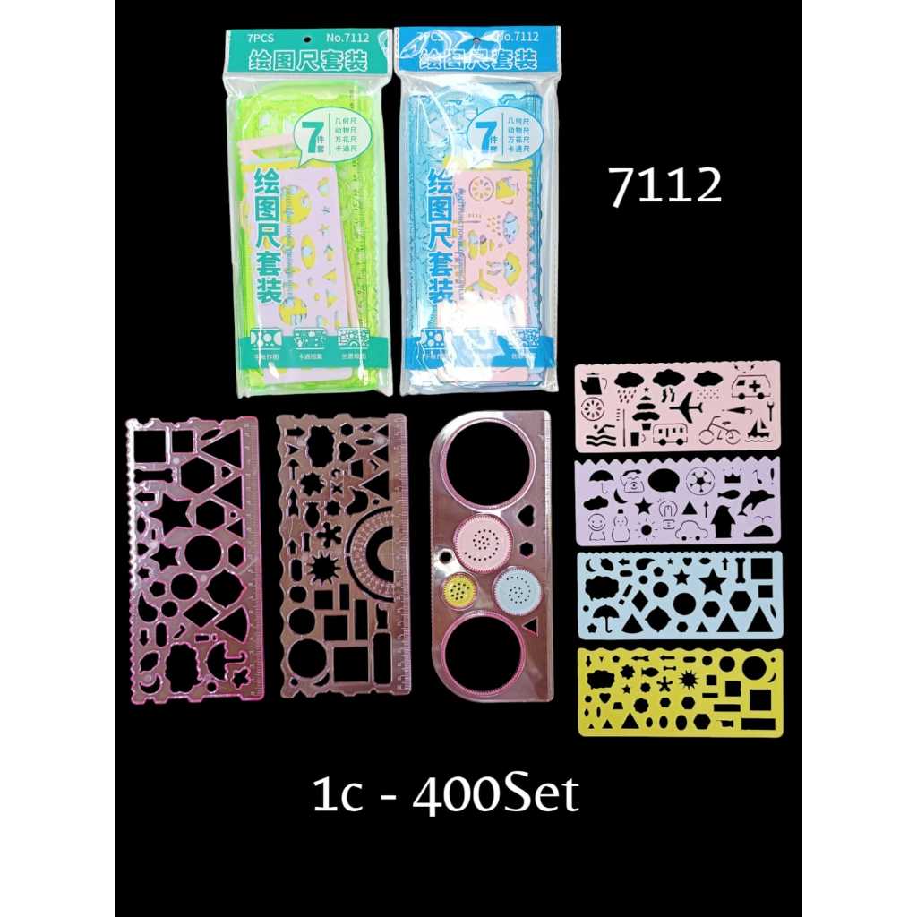 

penggaris set ZO 7112 isi 7 ( 7 in 1) penggaris bentuk 2 kerajinan anak motif import china plus penggaris rotary , stensil design , busur derajat