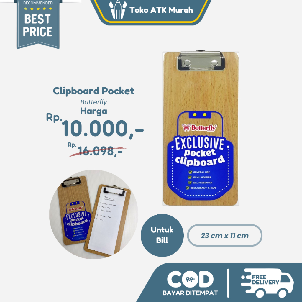 

Papan Kayu Clipboard Butterfly Pocket / Menu / Bill / Clip Board