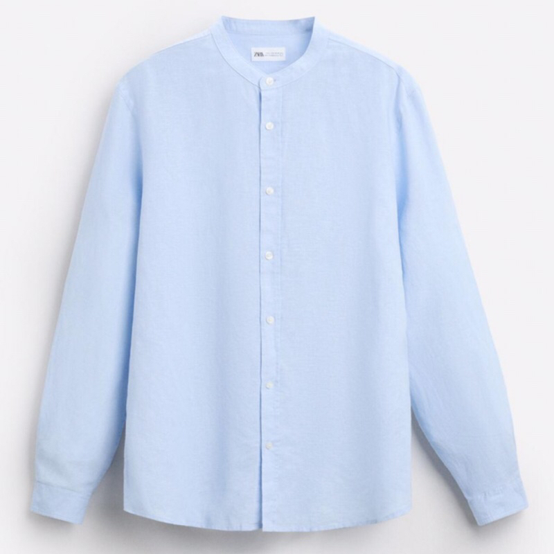 ZARA Men Cotton Linen Shirt Kemeja Katun Pria Kerah Tegak Lengan Panjang Sky Blue