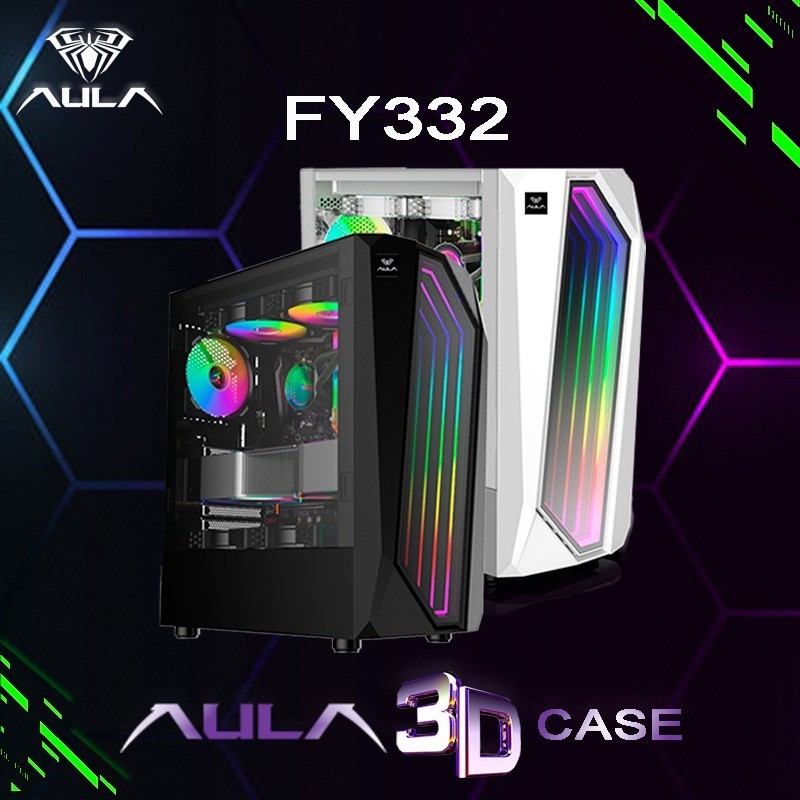 Casing PC Gaming 3D Design AULA FY332 include 3 fans RGB - Putih/Hitam