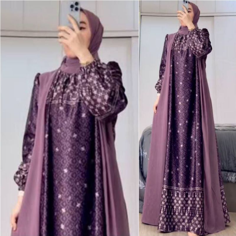 Gamis Raya Set Hijab Series Naya Dior Silk ORY Mix  Layer Hijab Polos Cerruty Premium / Gamis Viral 