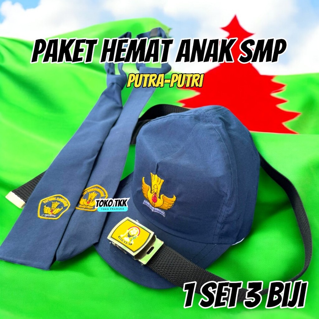 1 set (3biji) paket anak SMP ( Topi SMP biru polos / dasi SMP / sabuk SMP )