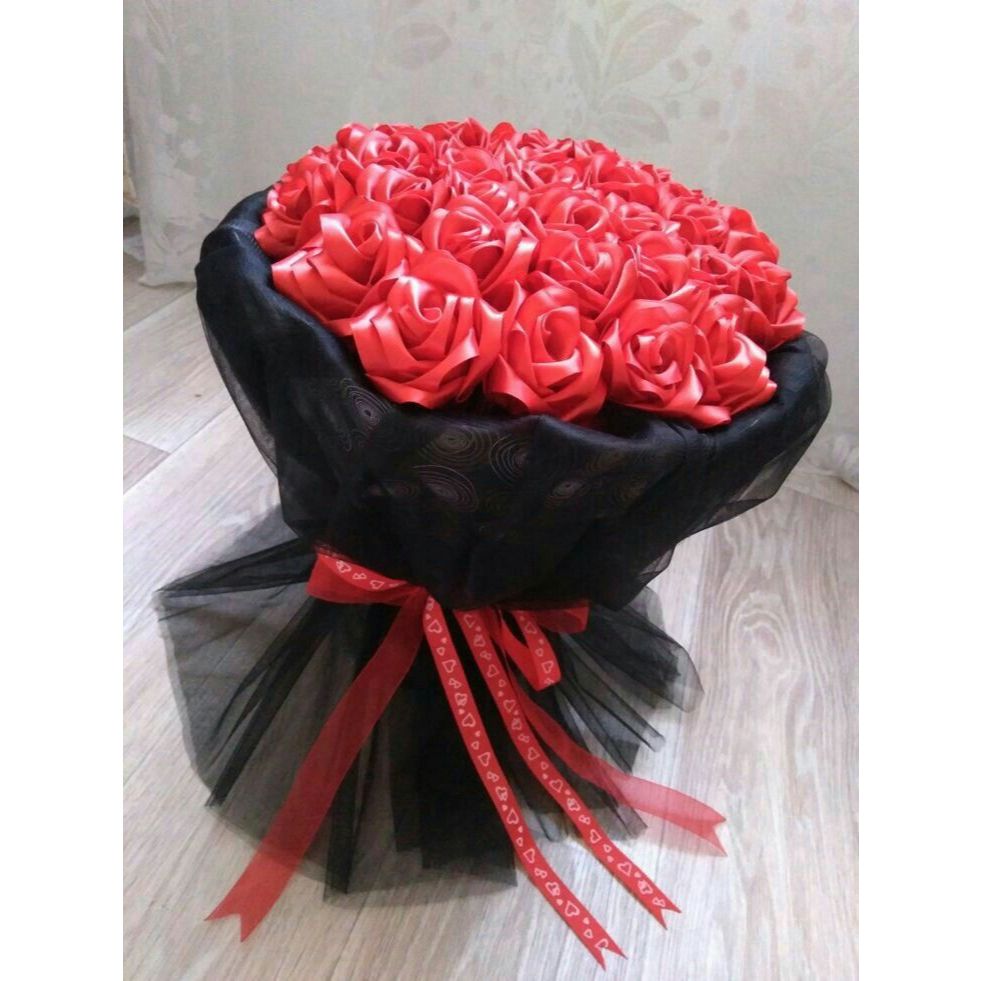 

20 pieces flower rose satin ribbon with black tulle wrapping