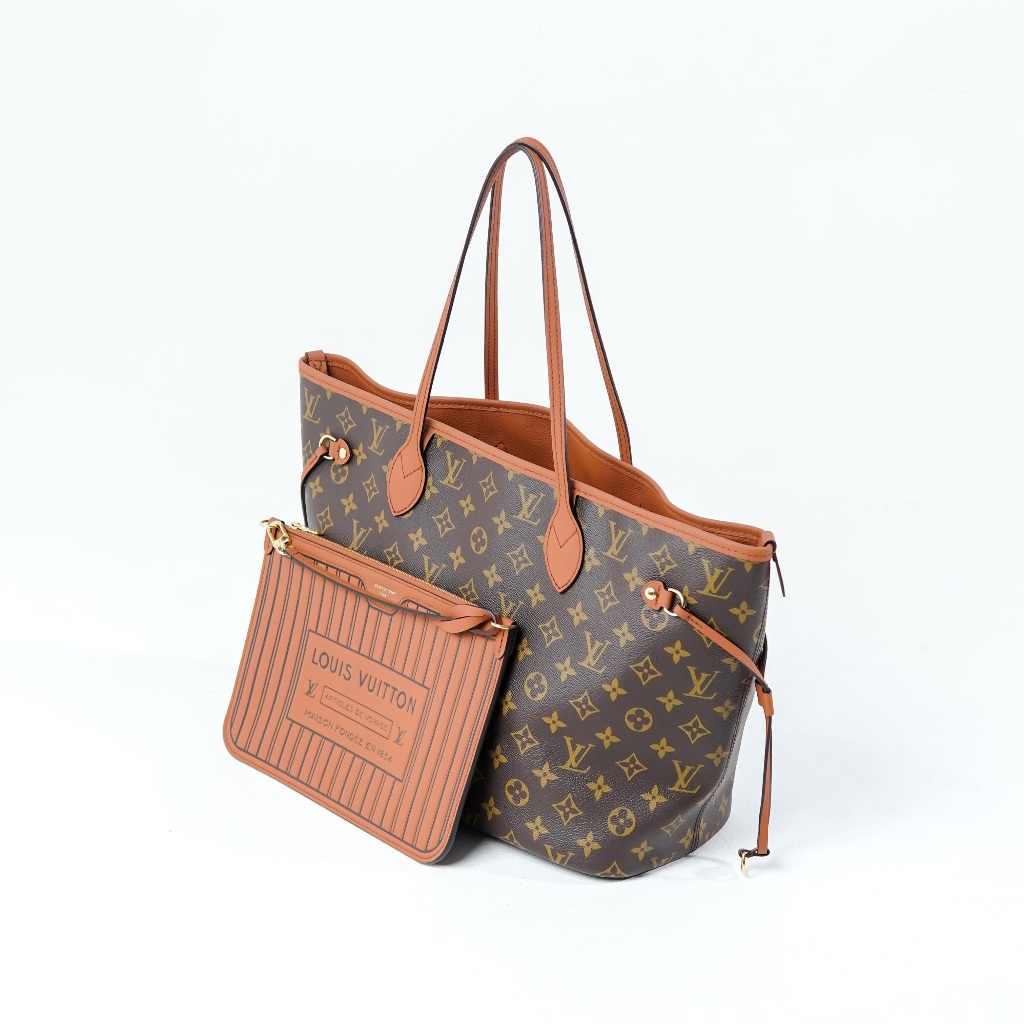 Tas LV NEVERFULL INSIDE OUT MM TAN BROWN LEATHER REVERSIBLE TOTE BAG 100% ORIGINAL