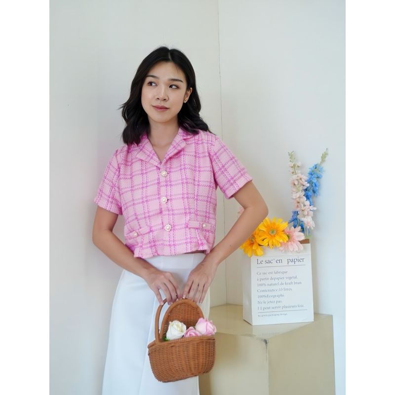 FELLFORYOU - Barbie Tweed Top Atasan Tweed Pink Tweed Crop top Tweed Blazer