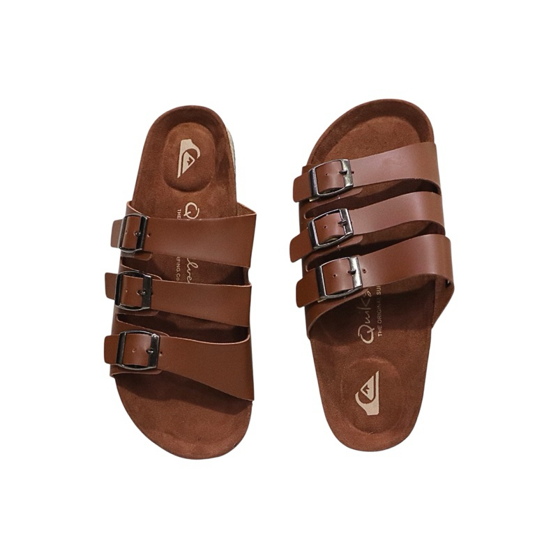 Sandal Slop Tali3 Kulit Qu1kSilver Coklat Muda Premium - Sandal Slide Pria Wanita