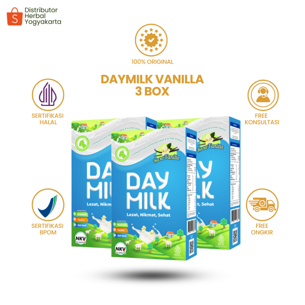 

Daymilk Rasa Vanilla - Susu Kambing Etawa Untuk Tulang , Sendi , Pernafasan & Jantung - 3 BOX