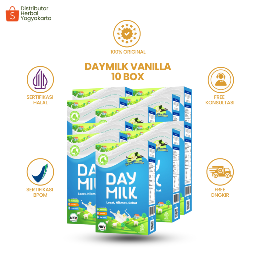

Daymilk Rasa Vanilla - Susu Kambing Etawa Untuk Tulang , Sendi , Pernafasan & Jantung - 10 BOX