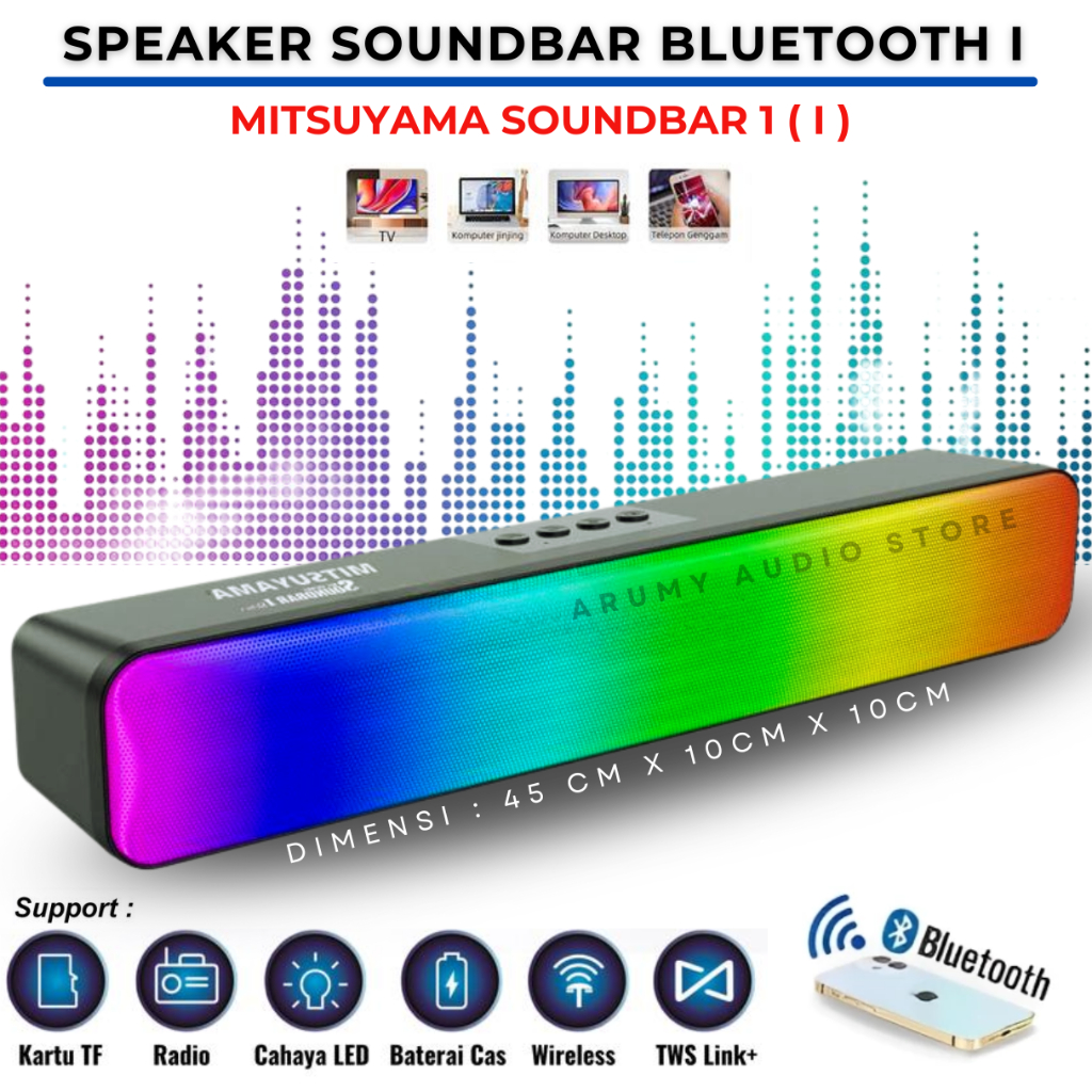 Speaker Bluetooth MITSUYAMA SOUNDBAR 1 LED RGB | Speaker Bluatooth USB Komputer  Full Bass TV, Lapto