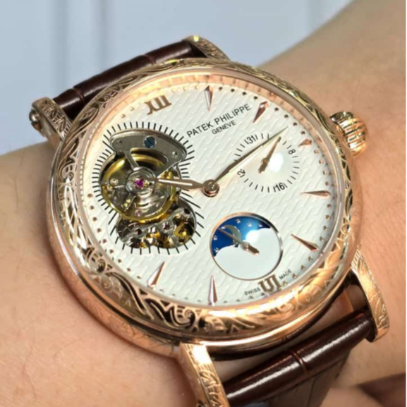 Jam Tangan Pria Patek Philippe Tatto Moonphase Automatic Movement White Dial