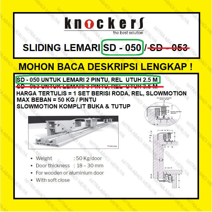 Roda dan Rel Sliding SD 050 KNOCKERS Sliding Lemari Wardrobe