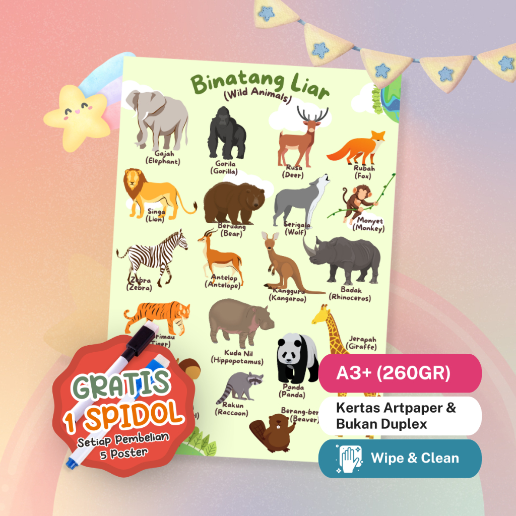 POSTER LAMINASI Hewan Liar (Wild Animal) / Poster Hewan Buas / Poster Hewan Hutan | Poster Edukasi A