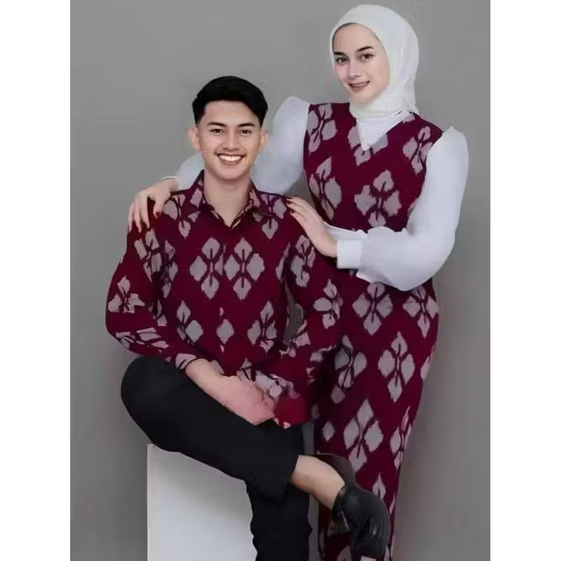 set batik couple maroon-dress amara couple maroon-kemeja lengan panjang maroon-kemeja lengan pendek 