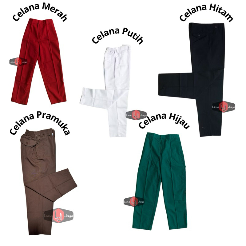 CELANA/BAWAHAN PANJANG KARET WARNA MERAH, PUTIH, PRAMUKA, HIJAU DAN HITAM UNTUK SD | KAIN FAMATEX