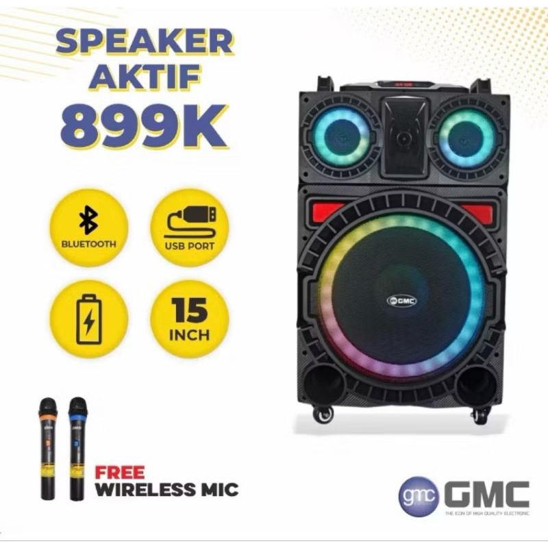 Speaker Portabel Bluetooth GMC BM 899K + 2Mic Wireless UHF 15inch