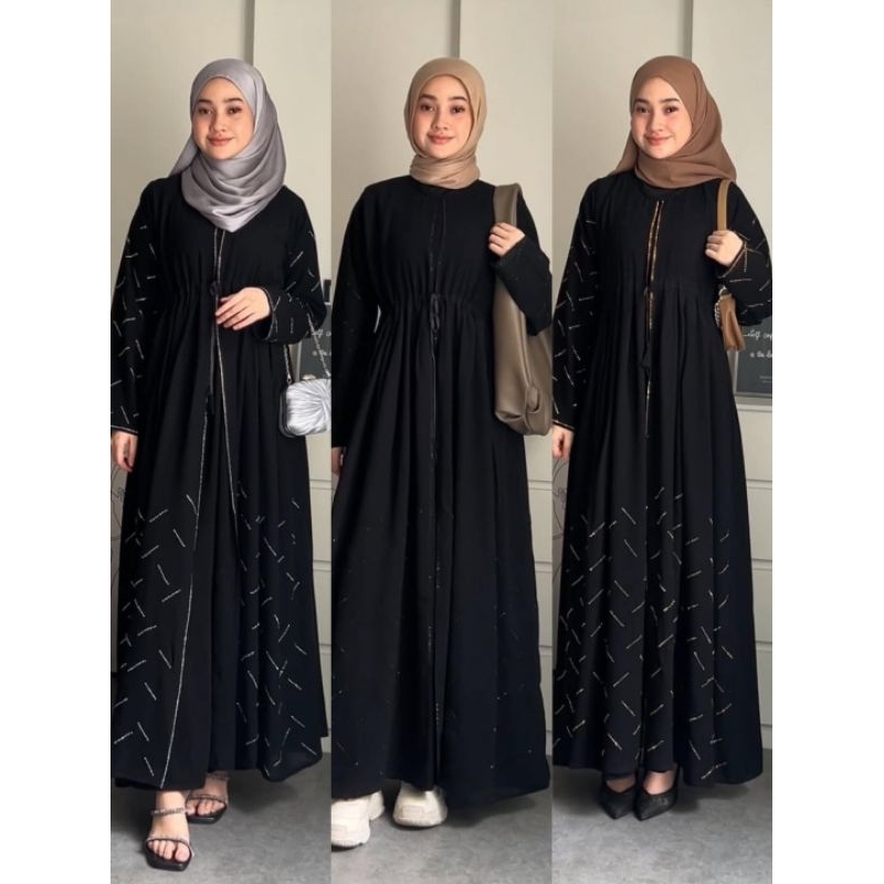 abaya gamis syari remaja muslimah bahan jetblack warna hitam polos kombinasi sifon model rompi menya