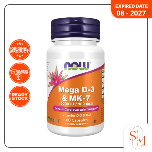 Now Vitamin Mega D3 & MK-7 D3 5000 IU + MK-7 180 mcg 60 Softgel - D3K2 5000 IU Cegah Osteoporosis