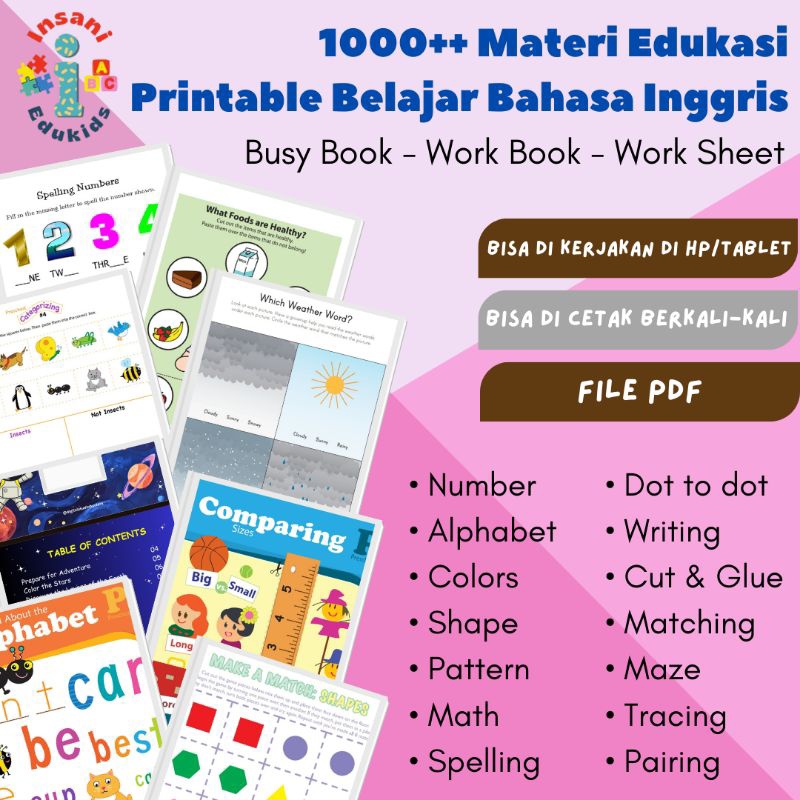 [Insani Edukids] 1000+ Halaman Worksheet Printable Preschool Anak Lancar Berbahasa Inggris Materi Da