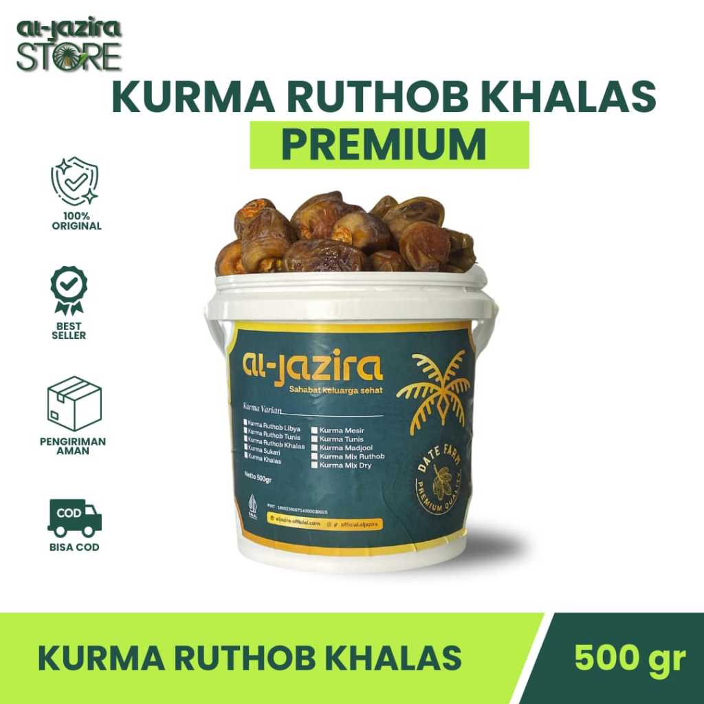 

Al-Jazira Kurma Ruthob Khalas Kemasan Ember 500 GR Kholas Dates Premium Panen Terbaru